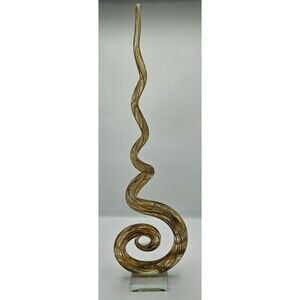 Murano Style Art 21" Glass Spiral Sculpture in Gold Brown Swirl Pattern W Base